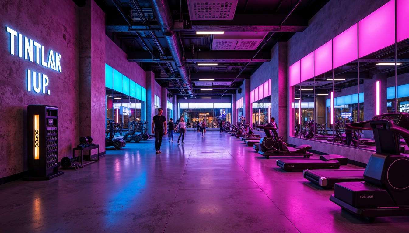 Prompt: Vibrant fitness club, neon-lit corridors, dynamic LED lights, strobe-like effects, high-energy atmosphere, intense workout zones, mirrored walls, polished metal equipment, industrial-chic decor, urban loft-inspired ceiling, exposed ductwork, concrete floors, modern minimalist design, bold color schemes, motivational quotes, futuristic ambiance, state-of-the-art sound systems, immersive lighting experiences, dramatic shadows, dynamic beam angles, 1/2 composition, high-contrast ratios, cinematic lighting effects.