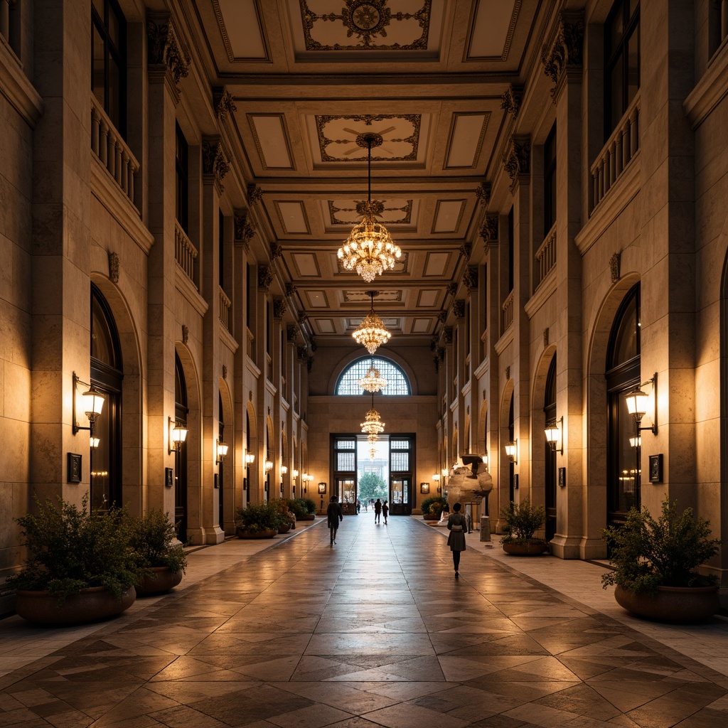 Prompt: Grandiose distribution center, symmetrical facade, ornate columns, rusticated stone walls, grand entrance gates, lantern-style streetlights, warm golden lighting, softbox illumination, high ceilings, chandeliers, elegant pendant lights, luxurious marble floors, intricate moldings, neoclassical arches, subtle color palette, ambient shadows, 1/1 composition, atmospheric perspective, realistic textures.