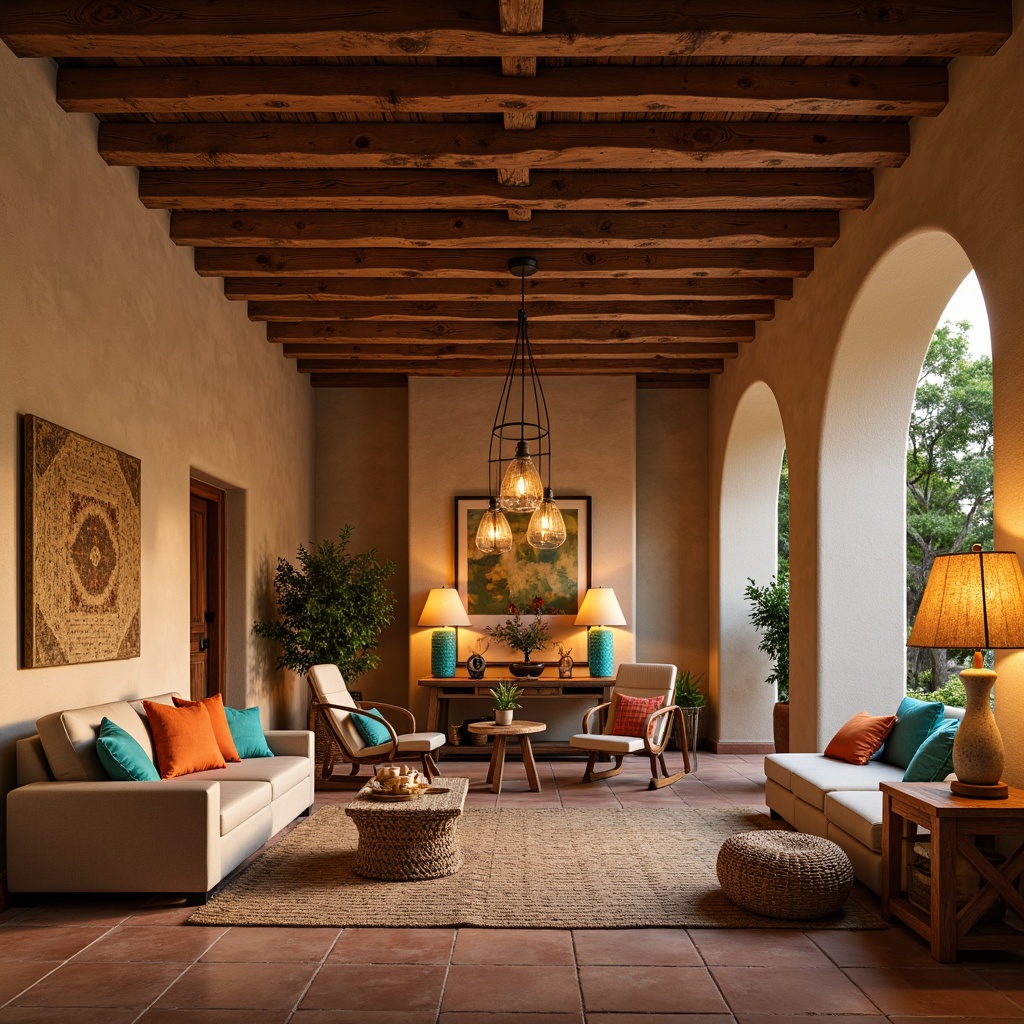 Prompt: Southwestern-style interior, warm beige walls, rustic wooden beams, earthy clay tiles, woven textiles, vibrant turquoise accents, natural fiber rugs, ambient warm lighting, table lamps with terracotta shades, floor lamps with woven rattan shades, pendant lights with glass drops in desert-inspired hues, soft warm glow, cozy atmosphere, 1/1 composition, shallow depth of field, realistic textures.