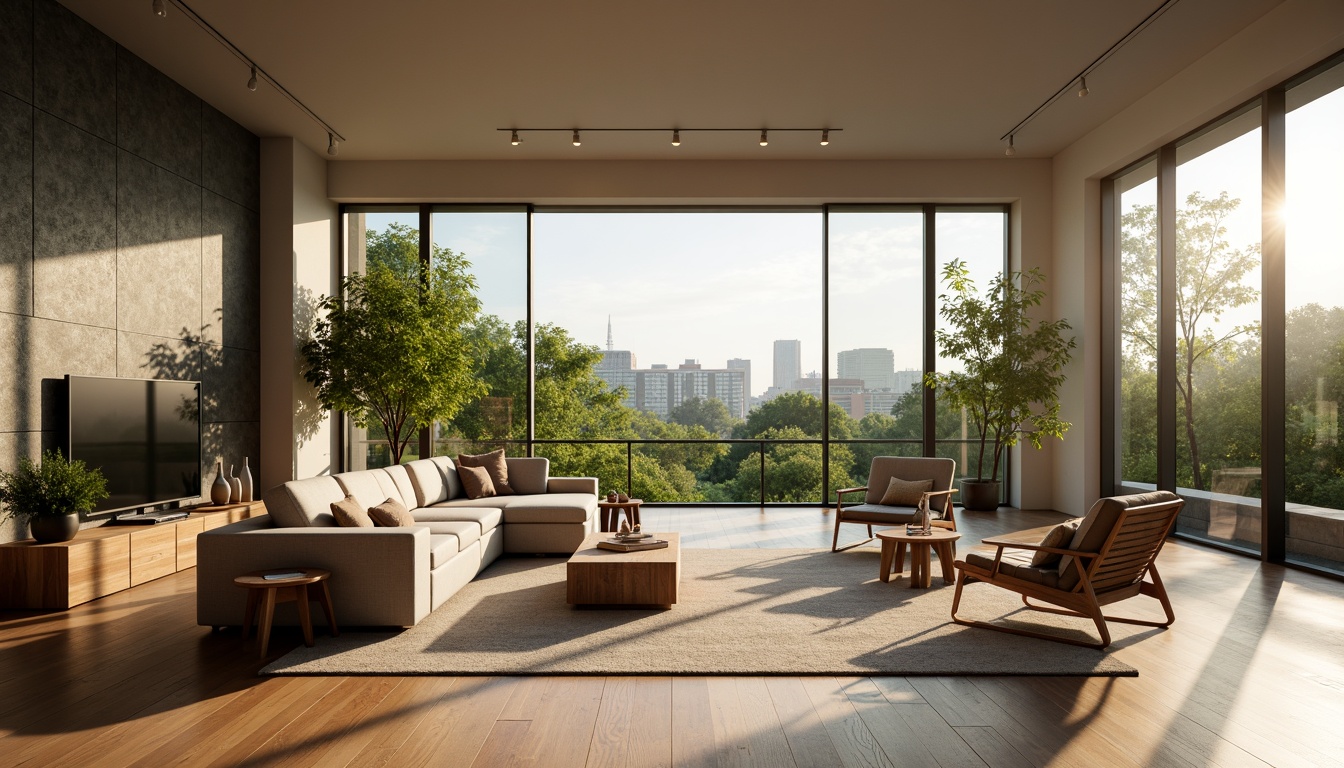 Prompt: Vibrant living room, large windows, natural light pouring in, soft warm glow, comfortable seating area, minimalist decor, sleek wooden floorboards, greenery views, urban cityscape outside, morning sunlight, gentle shadows, 1/1 composition, realistic textures, ambient occlusion.