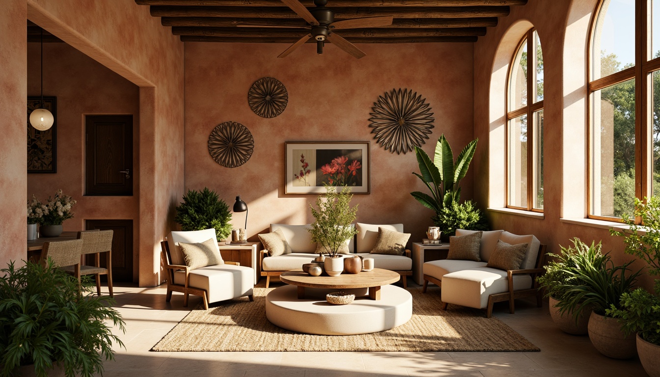 Prompt: Earthy olive tones, natural terracotta walls, rustic wooden accents, vintage metal decorations, lush green foliage, warm beige sandstones, soft sage backgrounds, creamy ivory textures, weathered copper details, distressed leather upholstery, ambient golden lighting, shallow depth of field, 1/1 composition, realistic earthy materials, atmospheric misting effects.