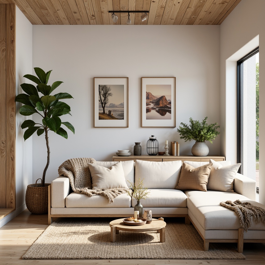 Prompt: Minimalist living room, natural wood tones, woven textiles, plush throw blankets, rustic wooden accents, earthy color palette, soft warm lighting, cozy atmosphere, Nordic-inspired furniture, clean-lined decor, geometric patterns, subtle metallic accents, matte black frames, creamy whites, light gray walls, organic shapes, nature-inspired accessories, potted greenery, candles, lanterns, woven baskets, distressed wood finishes.