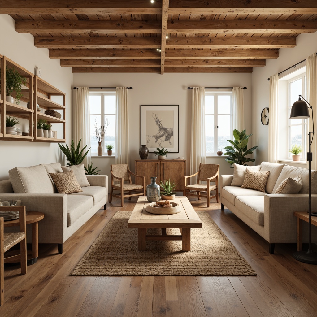 Prompt: Cozy living hall, Scandinavian minimalism, wooden flooring, beige walls, soft warm lighting, comfortable sofas, minimalist coffee tables, woven rattan chairs, natural fiber rugs, vintage decorative objects, industrial metal lamps, rustic wooden shelves, earthy color palette, 3/4 composition, shallow depth of field, panoramic view, realistic textures, ambient occlusion.