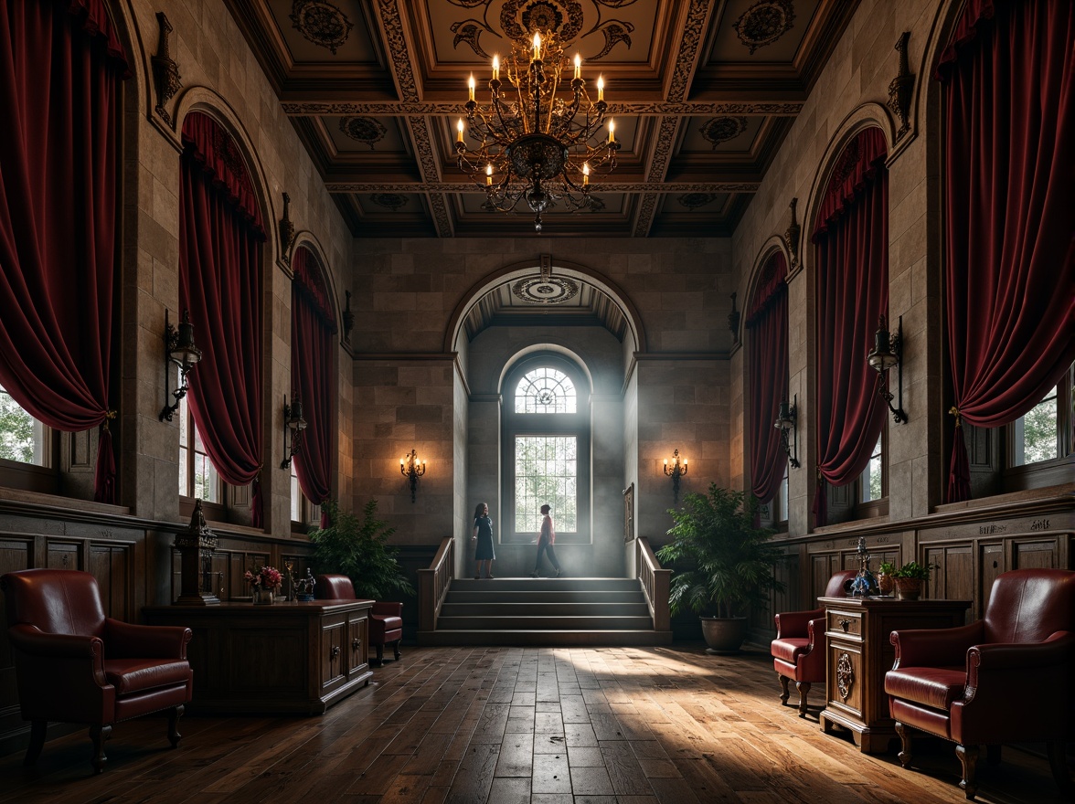 Prompt: Dark academia inspired interior, rich wood flooring, ornate Gothic arches, grand chandeliers, mysterious ambiance, stone walls, mystical symbols, luxurious velvet drapes, intricate carvings, heavy wooden furniture, dim warm lighting, atmospheric fog effect, cinematic composition, dramatic shadows, realistic textures.