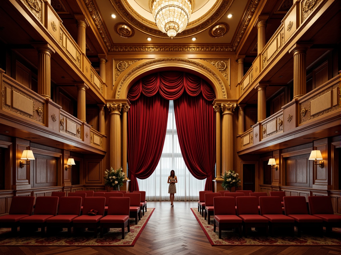 Prompt: Elegant opera house, grandiose chandelier, ornate balconies, velvet red curtains, gilded details, transitional style architecture, comfortable seating arrangement, plush crimson chairs, polished wooden floors, intricate moldings, soft warm lighting, shallow depth of field, 3/4 composition, symmetrical layout, luxurious textiles, refined color palette, subtle patterned rugs, crystal sconces, dramatic ceiling heights, sweeping staircases, majestic entrance foyer.