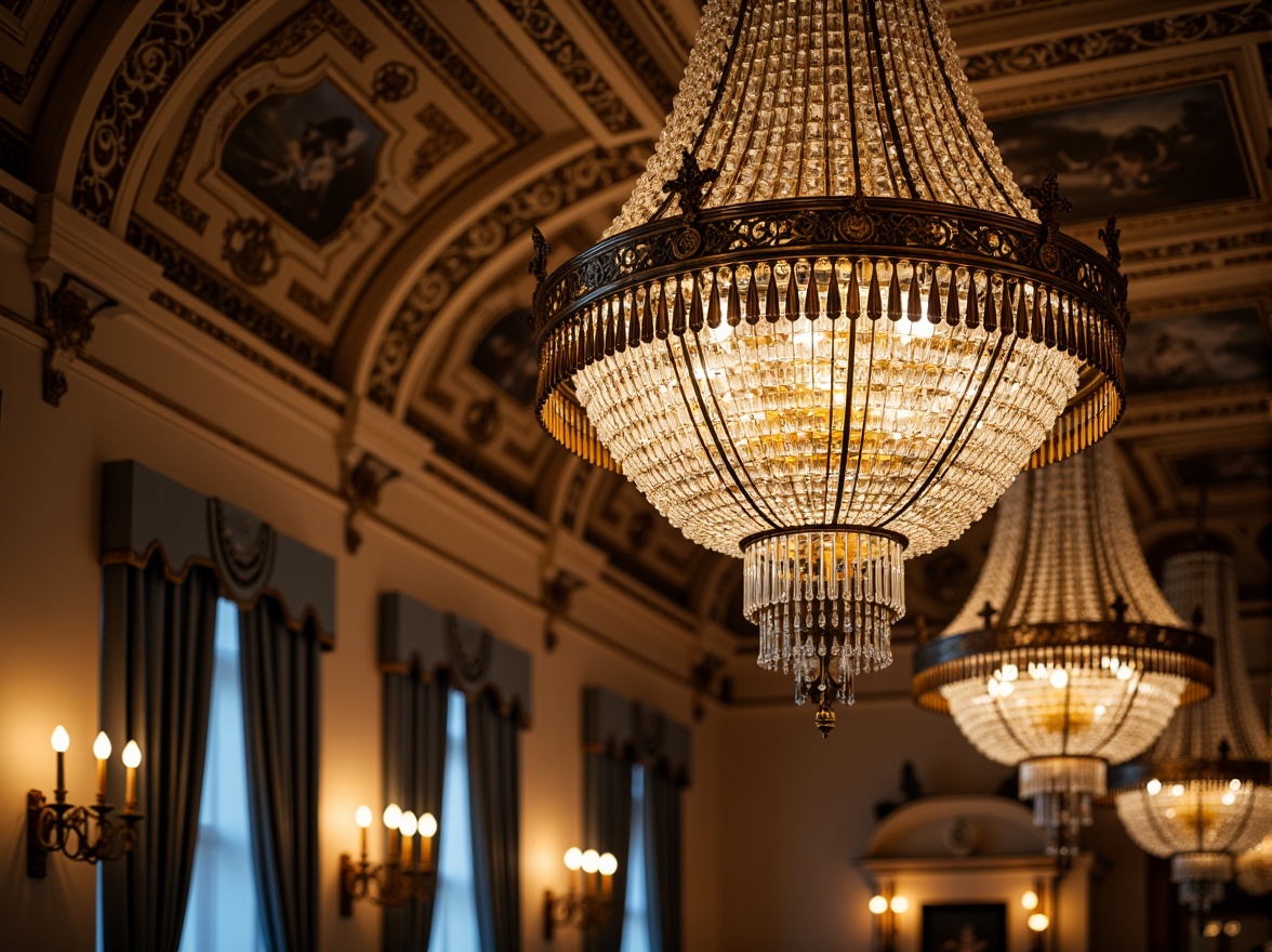 Prompt: Ornate chandeliers, crystal droplets, golden accents, intricate metalwork, Baroque patterns, lavish candelabras, ornamental sconces, classical arches, grandiose lighting, luxurious fabrics, velvet drapes, opulent furnishings, majestic high ceilings, refined elegance, warm soft glow, subtle shading, 1/2 composition, warm color palette, realistic reflections.