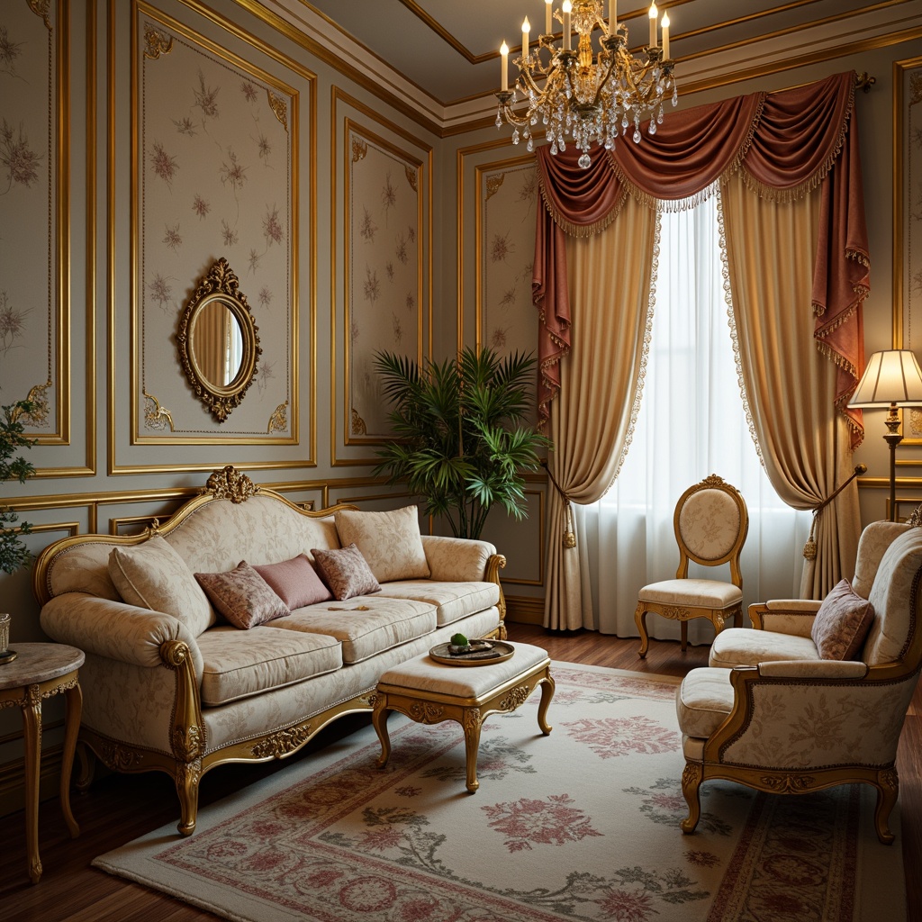 Prompt: Luxurious velvet fabrics, ornate golden embroidery, soft pastel hues, delicate floral patterns, intricate lace trimmings, plush silk upholstery, opulent drapery, Rococo-inspired furniture, curved lines, ornamental carvings, gilded accents, crystal chandeliers, lavish furnishings, intimate boudoir settings, warm candlelight, rich textures, subtle sheen, 1/1 composition, shallow depth of field, soft focus.