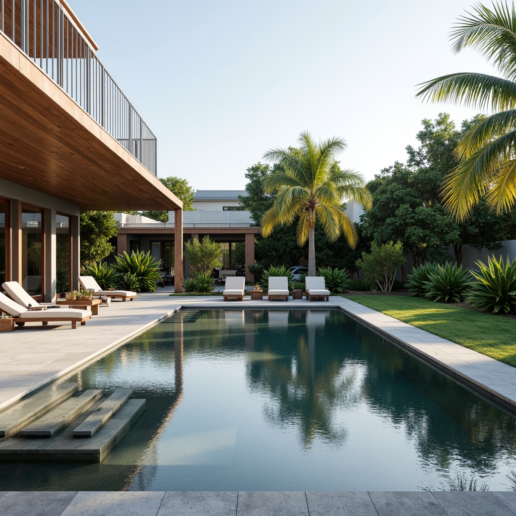 Prompt: Simple rectangular pool, calm water surface, natural stone coping, minimalist deck chairs, sleek metal railings, lush greenery surroundings, tropical palm trees, warm sunny day, soft gentle lighting, shallow depth of field, 1/2 composition, serene atmosphere, realistic water reflections, ambient occlusion, subtle shading, clean lines, modern architecture, large glass windows, sliding doors, outdoor lounging areas, comfortable sunbeds.