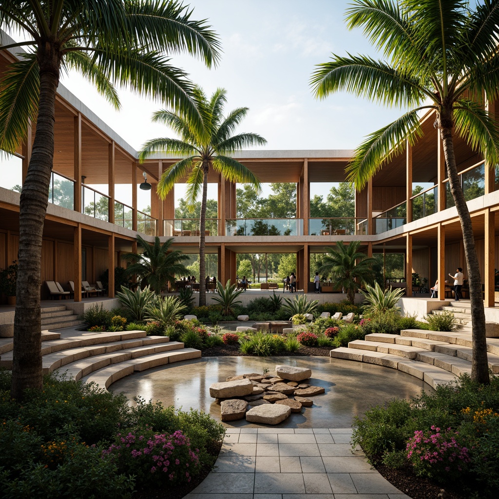 Prompt: Tropical amphitheater, lush greenery, palm trees, vibrant flowers, natural stone seating, wooden benches, open-air design, high ceilings, large overhangs, clerestory windows, skylights, transparent roofs, reflected light, soft warm glow, shallow depth of field, 1/1 composition, panoramic view, realistic textures, ambient occlusion.