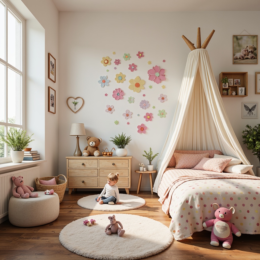 Prompt: Whimsical children's bedroom, soft pastel colors, playful polka dots, cuddly stuffed animals, fluffy area rugs, vibrant wall decals, colorful storage bins, whimsy fairy lights, delicate flower patterns, sweet sentimental photos, rustic wooden furniture, creamy white curtains, airy canopy beds, cozy reading nooks, plush toy collections, gentle warm lighting, shallow depth of field, 1/1 composition, realistic textures, ambient occlusion.