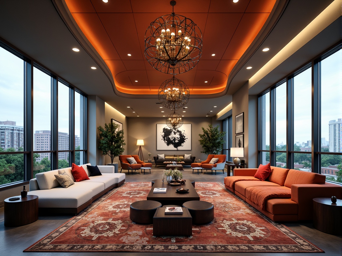 Prompt: Luxurious penthouse interior, open space concept, expressionist architecture style, curved lines, bold shapes, vibrant color palette, eclectic furniture, abstract artwork, floor-to-ceiling windows, cityscape views, modern chandeliers, sleek metal accents, rich wood tones, plush area rugs, oversized sofas, dramatic lighting effects, 1-point perspective composition, cinematic atmosphere, high-contrast rendering, detailed textures, ambient occlusion.