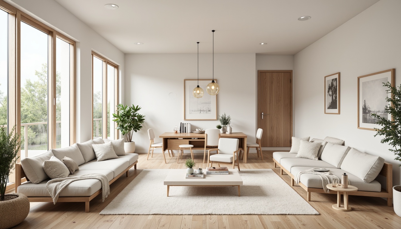 Prompt: Minimalist Scandinavian living room, light-filled open space, creamy white walls, warm wooden floors, sleek low-profile furniture, plush throw blankets, natural textiles, pendant lamps, greenery accents, floor-to-ceiling windows, sliding glass doors, cozy reading nooks, built-in shelving units, neutral color palette, airy atmosphere, soft diffused lighting, shallow depth of field, 2/3 composition, realistic wood textures, ambient occlusion.