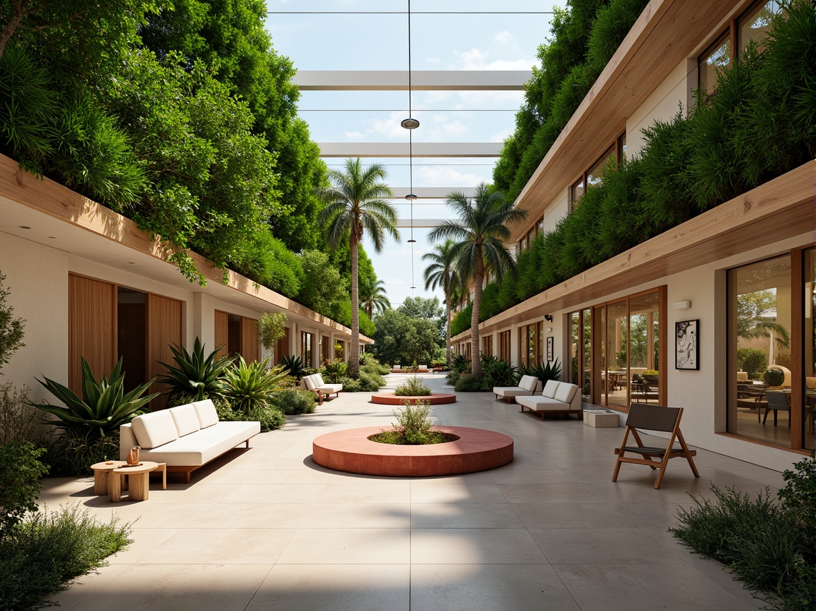 Prompt: Natural ventilation, open-air corridors, lush green walls, tropical plants, wooden accents, vibrant colors, modern furniture, circular gathering spaces, educational murals, interactive exhibits, natural light filtering, soft warm lighting, 1/1 composition, shallow depth of field, panoramic view, realistic textures, ambient occlusion.