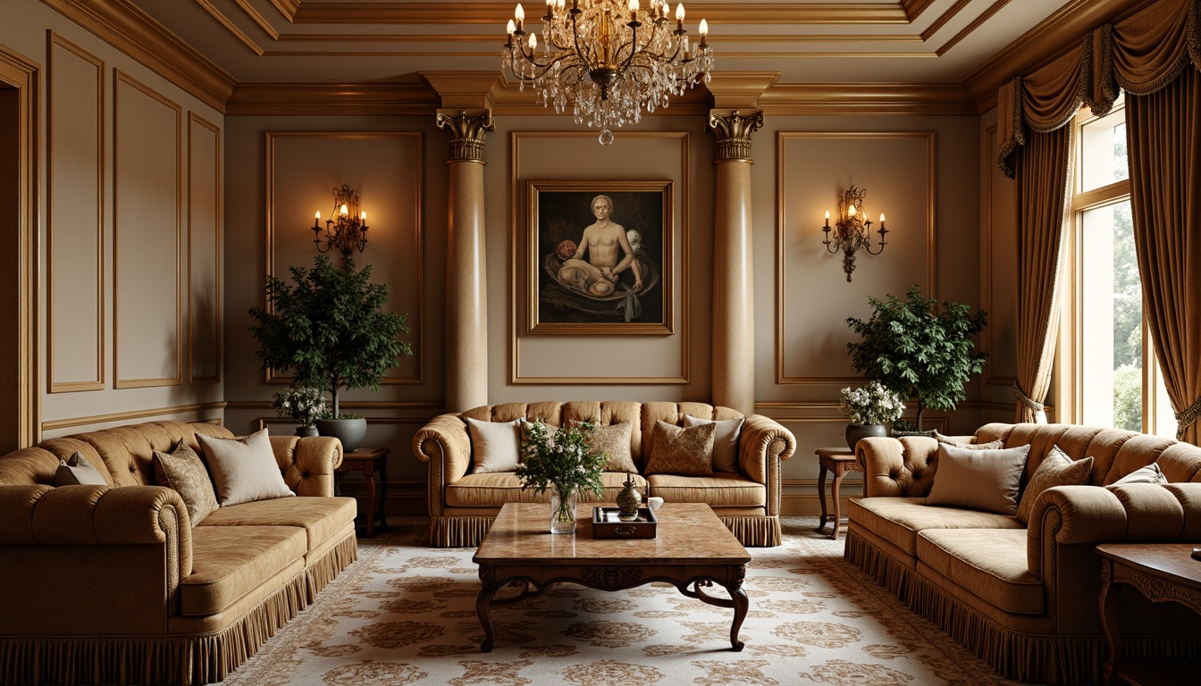 Prompt: Elegant living room, rich wood tones, velvet upholstery, ornate carvings, classic rolled-arm sofas, luxurious marble coffee tables, crystal chandeliers, soft golden lighting, subtle texture contrasts, timeless neutrals, sophisticated accents, refined proportions, stately columns, subtle pattern play, understated opulence, warm beige walls, plush area rugs, tasteful accessories, antique bronze hardware, majestic crown molding.