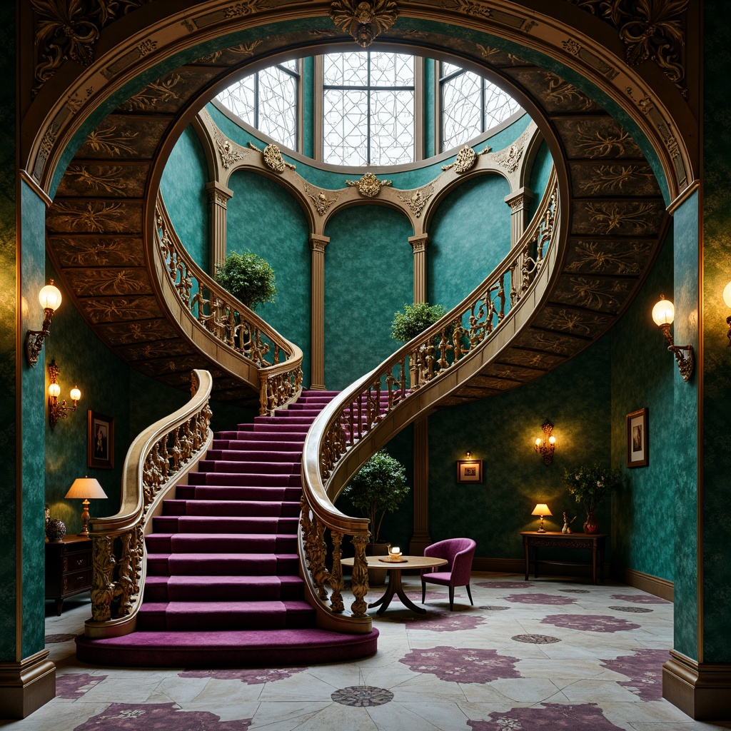 Prompt: Ornate staircase, Art Nouveau style, flowing curves, organic forms, sinuous lines, rich jewel tones, emerald green, sapphire blue, amethyst purple, golden bronze, ornate metalwork, intricate carvings, whiplash motifs, stylized florals, luxurious velvet, polished marble, warm ambient lighting, dramatic shadows, 1/2 composition, shallow depth of field, realistic textures, soft focus effect.