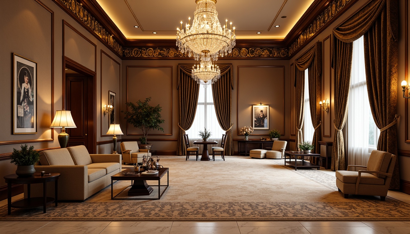 Prompt: Luxurious velvet fabrics, rich brocade patterns, ornate golden accents, subtle sheen, plush pile carpets, creamy marble floors, elegant crown molding, refined wood paneling, sophisticated crystal chandeliers, soft warm lighting, shallow depth of field, 1/2 composition, intimate atmosphere, opulent furnishings, lavish decorative elements, serene neutral tones, natural stone walls, grandiose ceiling heights.