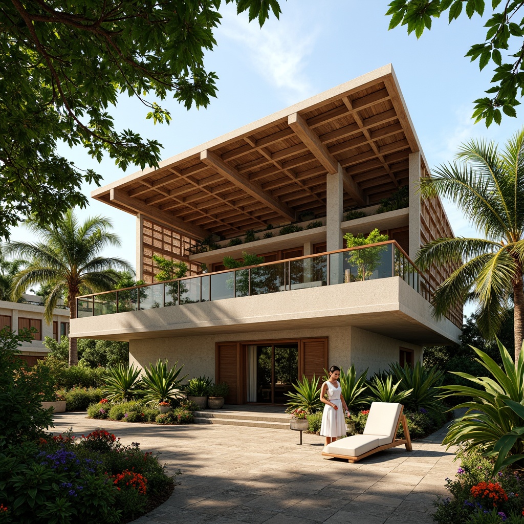 Prompt: Tropical style building, large overhanging eaves, natural ventilation systems, wooden louvers, jalousie windows, clerestory windows, high ceilings, exposed rafters, woven bamboo blinds, rusticated stone walls, lush greenery, palm trees, vibrant flowers, sunny day, warm natural lighting, soft breezy atmosphere, cross ventilation, stack effect, windcatchers, solar chimneys, evaporative cooling systems, misting systems, shading devices, vertical gardens, living walls.