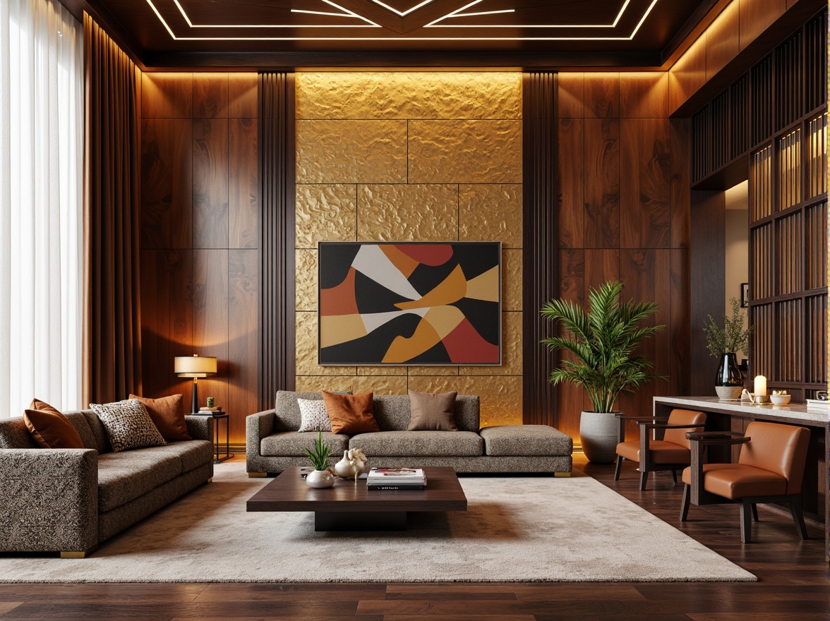 Prompt: Luxurious accent wall, rich wood paneling, metallic gold leafing, textured stucco finish, bold geometric patterns, sleek modern designs, statement wallpaper, vibrant color blocking, oversized artwork, dramatic floor-to-ceiling draping, opulent fabrics, intricate molding details, warm ambient lighting, 1/1 composition, shallow depth of field, realistic textures, soft focus effect.