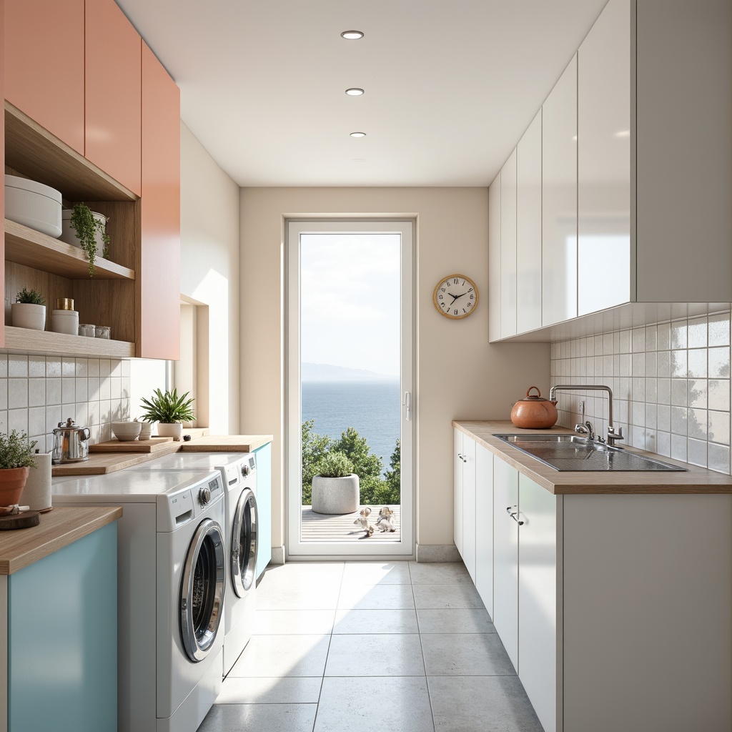 Prompt: Vibrant laundry room, bright whites, pastel hues, warm beige tones, soft peach accents, calming blues, crisp clean lines, modern appliances, sleek countertops, stainless steel fixtures, ample natural light, refreshing airy feel, 3/4 composition, shallow depth of field, realistic textures, ambient occlusion.