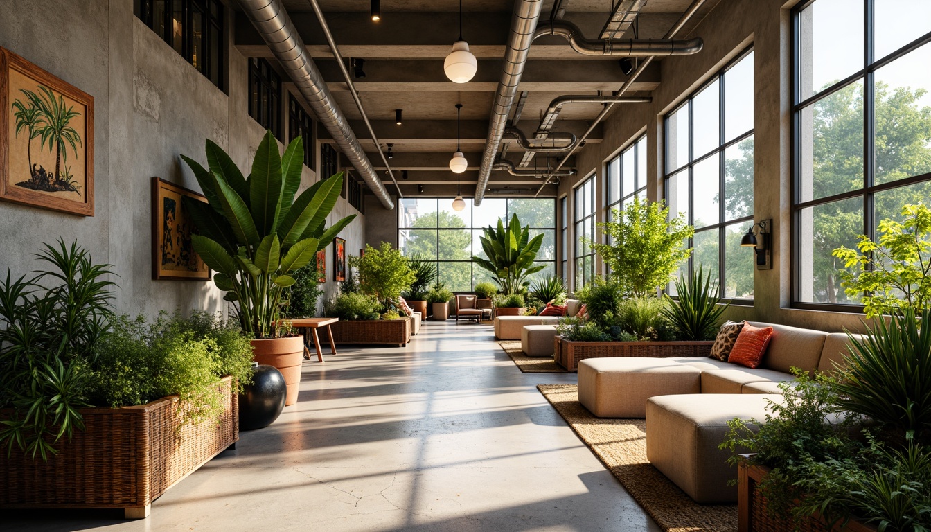 Prompt: Vibrant tropical plants, natural light-filled interior, exposed industrial pipes, reclaimed wood accents, polished concrete floors, eclectic art pieces, distressed metal decorations, open-plan layout, high ceilings, minimal partitions, flexible workspaces, collaborative zones, informal lounge areas, colorful textiles, woven rattan furniture, earthy tone color palette, warm sunny day, soft diffused lighting, shallow depth of field, 1/1 composition, realistic textures, ambient occlusion.