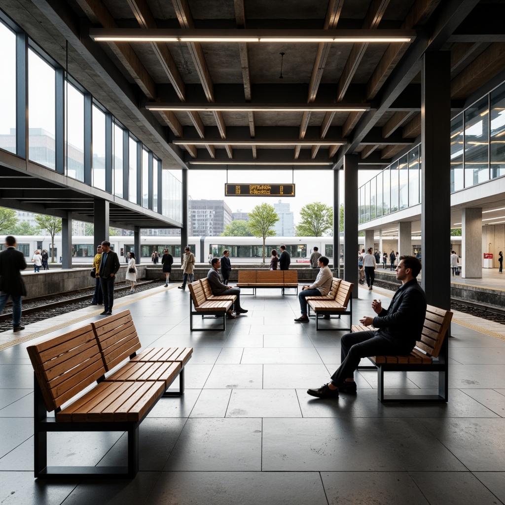 Prompt: Minimalist train station, sleek modern benches, steel frames, wooden slats, industrial-style lighting, concrete flooring, urban atmosphere, busy commuters, rush hour scenery, natural light pouring, floor-to-ceiling windows, geometric shapes, monochromatic color scheme, Scandinavian-inspired design, functional simplicity, clean lines, open spaces, airy ambiance, warm neutral tones, 1/1 composition, softbox lighting, realistic reflections.