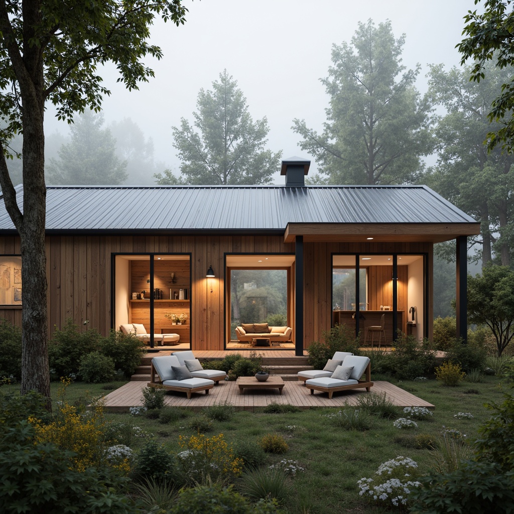 Prompt: Minimalist Nordic cabin, wooden accents, natural textiles, eco-friendly furniture, reclaimed wood panels, organic fabrics, earthy color palette, large windows, cozy reading nooks, soft warm lighting, shallow depth of field, 3/4 composition, rustic exterior walls, corrugated metal roofs, lush green surroundings, misty morning atmosphere, subtle fog effects, ambient occlusion.