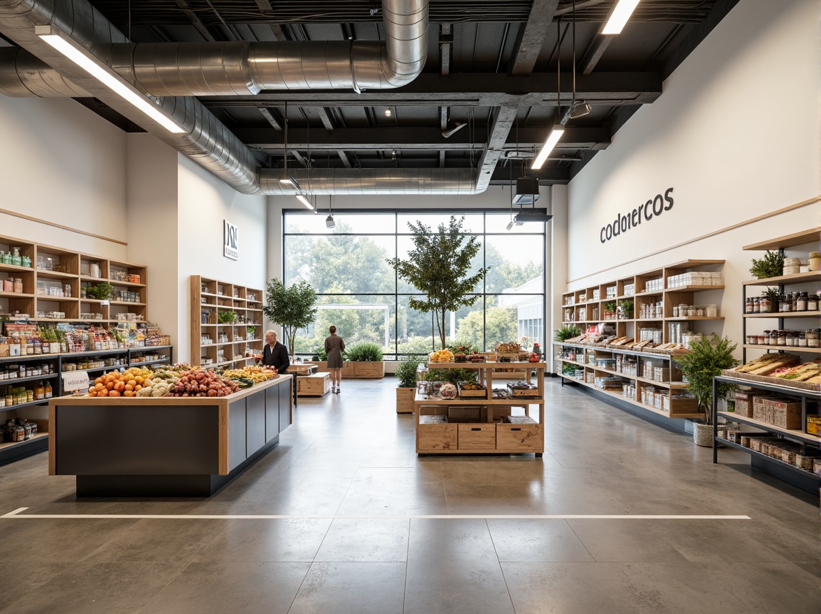 Prompt: Minimalist grocery store interior, industrial chic aesthetic, exposed ductwork, polished concrete floors, white walls, sleek metal shelves, wooden accents, natural light, open ceiling, modern signage, simple product displays, neutral color palette, plenty of negative space, clean lines, minimal decor, functional layout, efficient checkout counters, compact storage systems, rustic wood crates, hanging plants, soft warm lighting, shallow depth of field, 1/1 composition, realistic textures, ambient occlusion.