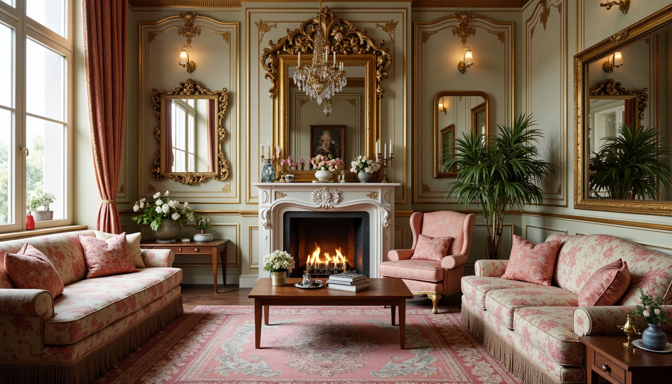 Prompt: Opulent Rococo-style interior, lavish velvet fabrics, intricately patterned silk wallpapers, gilded frames, ornate mirrors, luxurious furnishings, soft golden lighting, delicate florals, pastel color palette, distressed finishes, antique furniture pieces, carved wooden accents, rich brocades, beaded trimmings, tufted upholstery, scalloped edges, whimsical accessories, playful curves, elegant proportions, dramatic drapery, tassel details, exquisite embroidery.