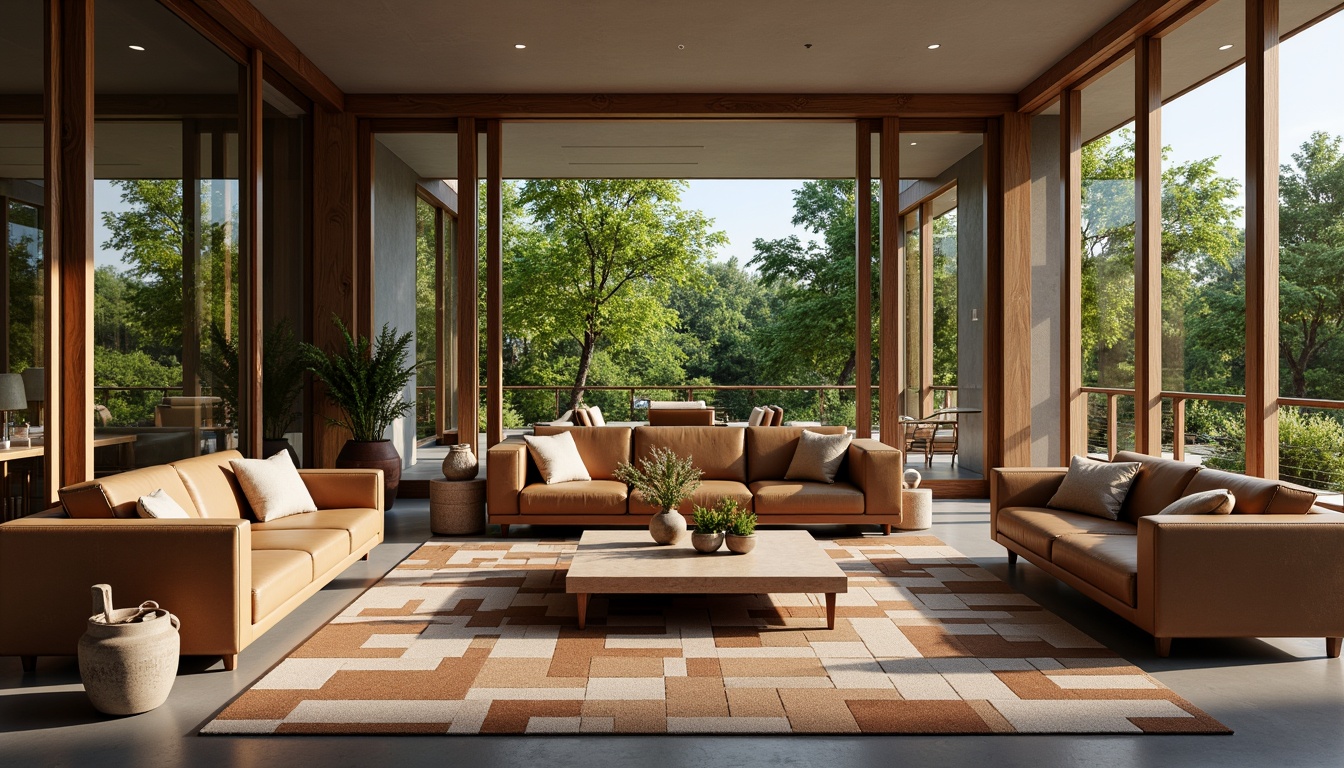 Prompt: Elegant living room, walnut wood furniture, tufted leather sofas, geometric patterned rugs, floor-to-ceiling windows, sliding glass doors, lush greenery views, organic shapes, minimal ornamentation, functional simplicity, earthy color palette, warm ambient lighting, 1/1 composition, shallow depth of field, realistic textures, subtle shadows.