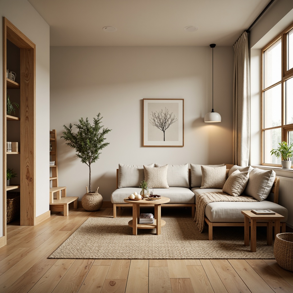 Prompt: Cozy Scandinavian-style hall, warm wooden flooring, soft beige walls, minimal decor, modern sofa with clean lines, plush throw pillows, rustic wooden coffee table, natural fiber rugs, woven baskets, pendant lamps, candles, greenery, large windows, sheer curtains, soft diffused lighting, shallow depth of field, 1/1 composition, realistic textures, ambient occlusion.