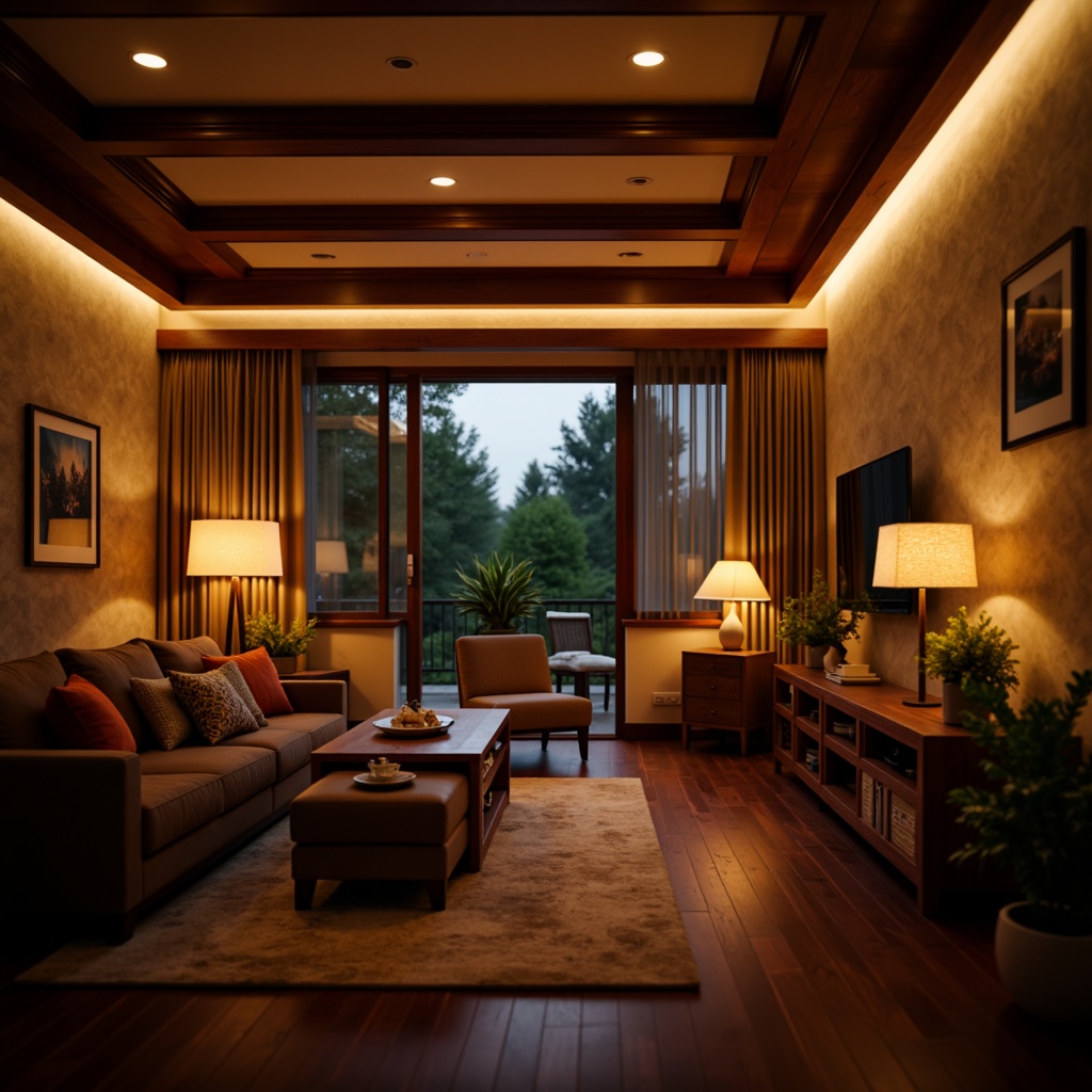 Prompt: Cozy living room, warm ambient lighting, soft glow, table lamps, floor lamps, pendant lights, LED strips, recessed lighting, textured walls, wooden furniture, plush carpets, comfortable sofas, intimate atmosphere, warm color tones, golden hour, low-key backlighting, 1/1 composition, shallow depth of field, realistic textures, ambient occlusion.