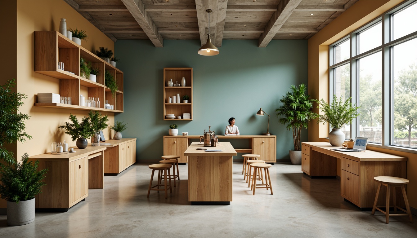 Prompt: Cozy laboratory interior, warm beige walls, polished wooden workbenches, sleek metal equipment, elegant glassware, calming blue-green color scheme, soft overhead lighting, comfortable stools, lush green plants, modern minimalist decor, subtle texture accents, 1/1 composition, soft focus, realistic render.