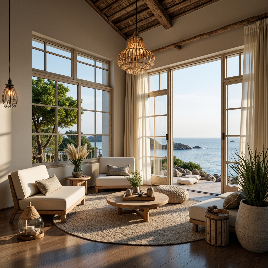 Prompt: Soft ocean breeze, calming coastal vibes, warm beige walls, driftwood accents, natural textiles, woven sea grass, glass chandeliers, pendant lanterns, nautical ropes, distressed wood furniture, shells, pebbles, coral-inspired patterns, blue-green color palette, warm white lighting, table lamps, floor lamps, LED strip lights, dimmable settings, cozy reading nooks, ocean views, large windows, sheer curtains, natural fiber rugs, weathered wood floors, 3/4 composition, shallow depth of field, soft focus, realistic textures.