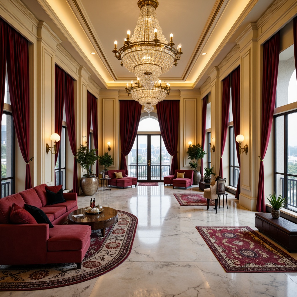 Prompt: Rich velvet fabrics, luxurious marble floors, warm golden lighting, soft cream walls, ornate crystal chandeliers, plush area rugs, elegant crown molding, sophisticated navy blue accents, lavish emerald greenery, opulent ruby red decor, glamorous metallic finishes, refined neutral tones, cozy intimate atmosphere, dramatic high ceilings, expansive windows, natural daylight, 1/2 composition, warm soft focus, realistic textures, ambient occlusion.