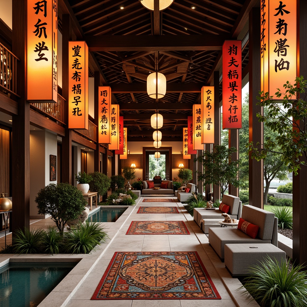 Prompt: Vibrant traditional lanterns, intricately carved wooden panels, ornate ceramic tiles, majestic stone statues, serene water features, lush greenery, colorful silk fabrics, delicate paper cutouts, richly patterned rugs, warm golden lighting, shallow depth of field, 1/1 composition, panoramic view, realistic textures, ambient occlusion, Japanese-inspired architecture, minimalist interior design, natural materials, subtle cultural nods, eclectic global influences.