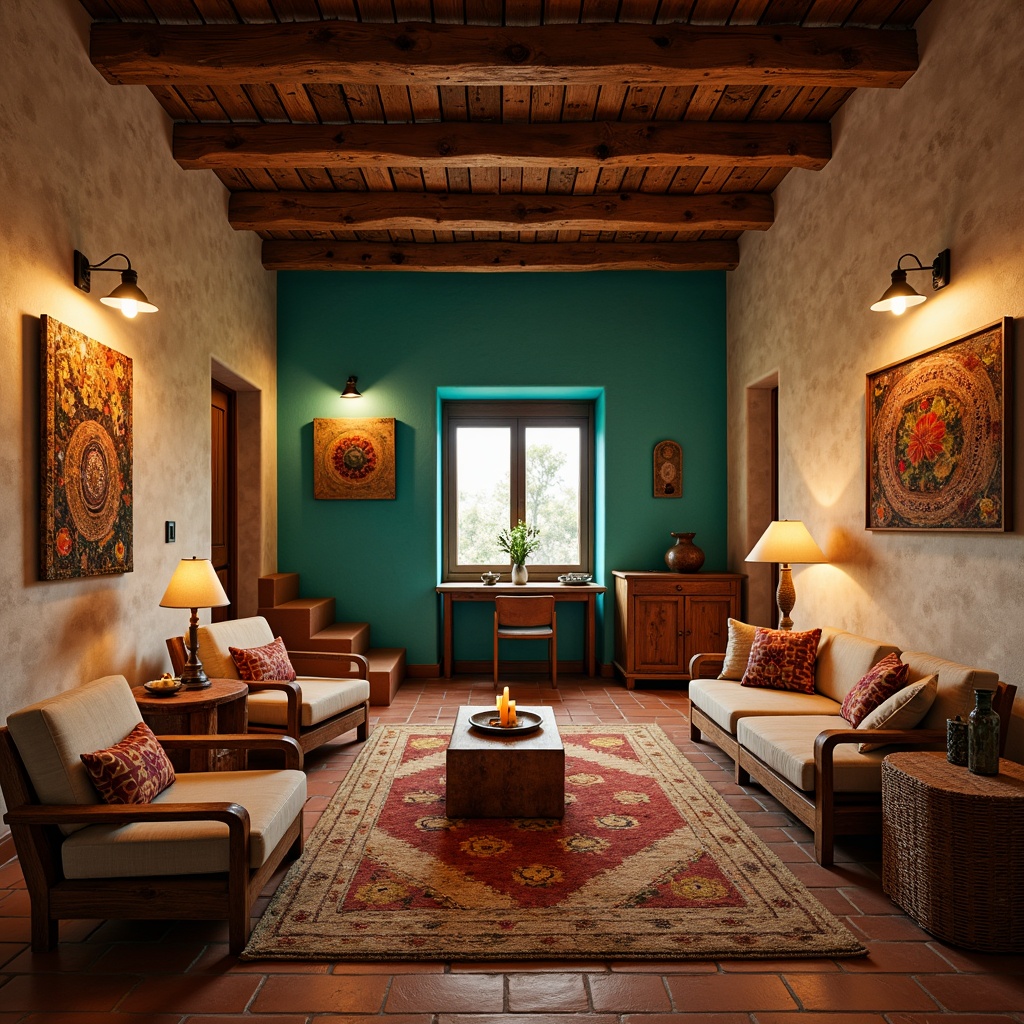 Prompt: Southwestern interior, warm earthy tones, rustic wooden accents, woven textiles, vibrant turquoise hues, natural stone walls, clay tile flooring, exposed beams, cozy nooks, soft warm lighting, table lamps, floor lamps, pendant lights, LED candles, warm white light, ambient glow, shallow depth of field, 2/3 composition, realistic textures, subtle shadows.