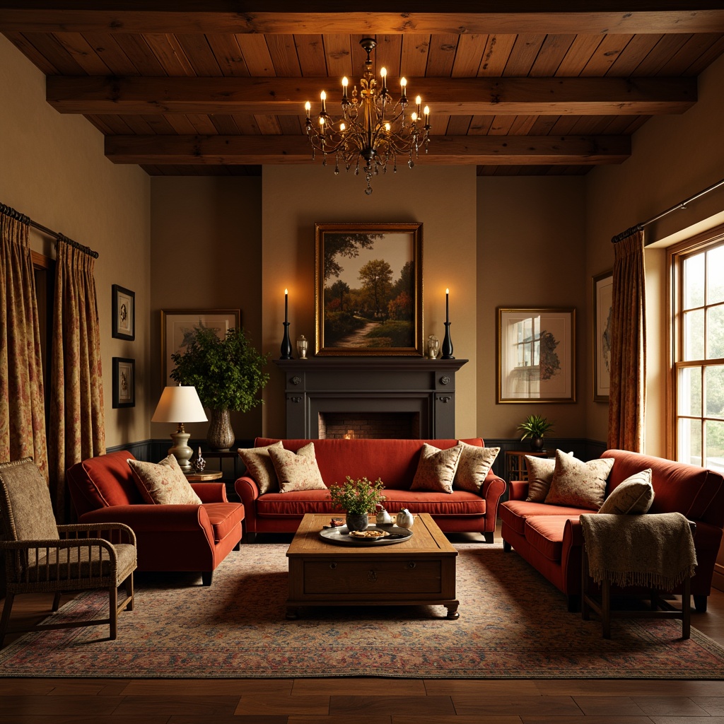 Prompt: Warm traditional living room, plush velvet sofas, rich wood accents, soft golden lighting, luxurious woven tapestries, ornate wooden armchairs, vintage patterned rugs, comfortable oversized pillows, earthy tone walls, classic floral prints, warm beige curtains, cozy throw blankets, rustic wooden coffee tables, crackling fireplace, inviting atmosphere, shallow depth of field, 2/3 composition, soft focus, warm color palette.