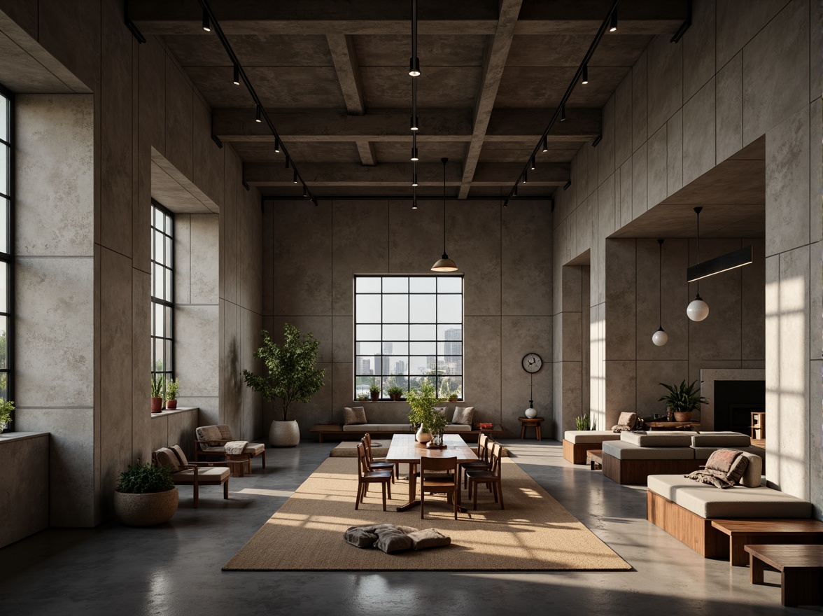 Prompt: Exposed concrete walls, industrial-style lighting fixtures, minimalist decor, brutalist architectural style, functional furniture, open-plan layout, communal dining table, monochromatic color scheme, raw material textures, dramatic ceiling height, atmospheric shadows, warm ambient lighting, cinematic composition, 1/1 aspect ratio, shallow depth of field, realistic render.