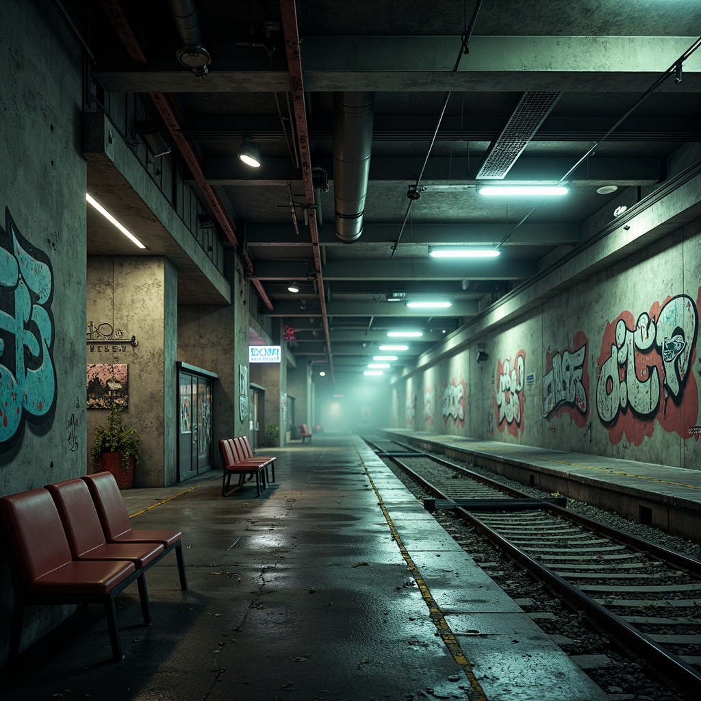 Prompt: Gritty metropolitan underground, exposed concrete walls, industrial steel beams, vintage train tracks, rusty metal accents, urban graffiti, LED lighting installations, futuristic signage systems, sleek glass canopies, modern minimalist benches, brutalist architecture, atmospheric fog effects, cinematic high-contrast lighting, shallow depth of field, 1/2 composition, symmetrical framing, realistic metallic textures, ambient occlusion.