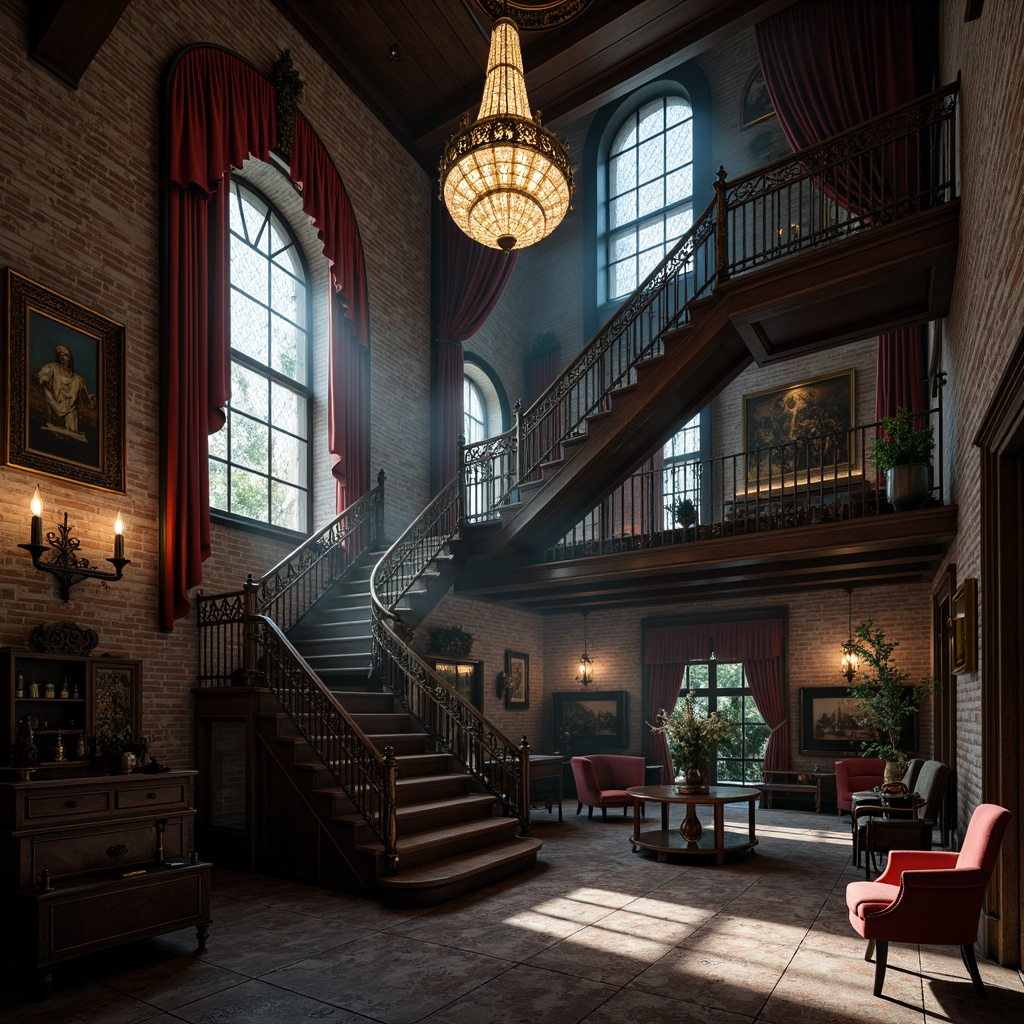 Prompt: Ornate Victorian mansion, exposed brick walls, industrial metal beams, vintage machinery, distressed wood accents, ornamental gears, antique clockwork mechanisms, rich velvet drapes, intricate stained glass windows, luxurious crystal chandeliers, grand staircases, opulent furnishings, moody dim lighting, cinematic shadows, atmospheric fog, 1/1 composition, high-contrast textures, dramatic spotlighting.