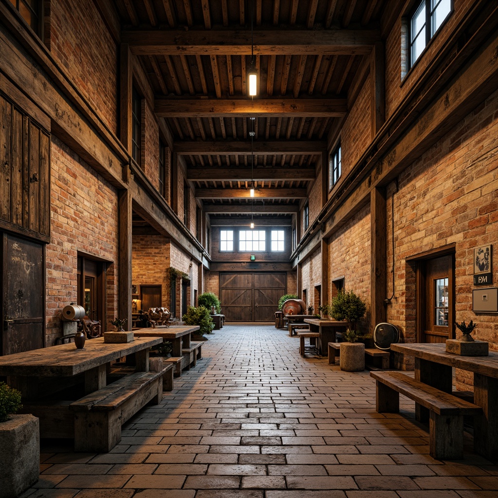 Prompt: Rustic industrial warehouse, exposed brick walls, distressed wooden floors, metal beams, reclaimed wood accents, vintage machinery, earthy color palette, warm ambient lighting, shallow depth of field, 3/4 composition, natural stone pathways, moss-covered surfaces, weathered steel doors, rough-hewn wood textures, urban decay atmosphere, gritty realistic details, soft focus blur.