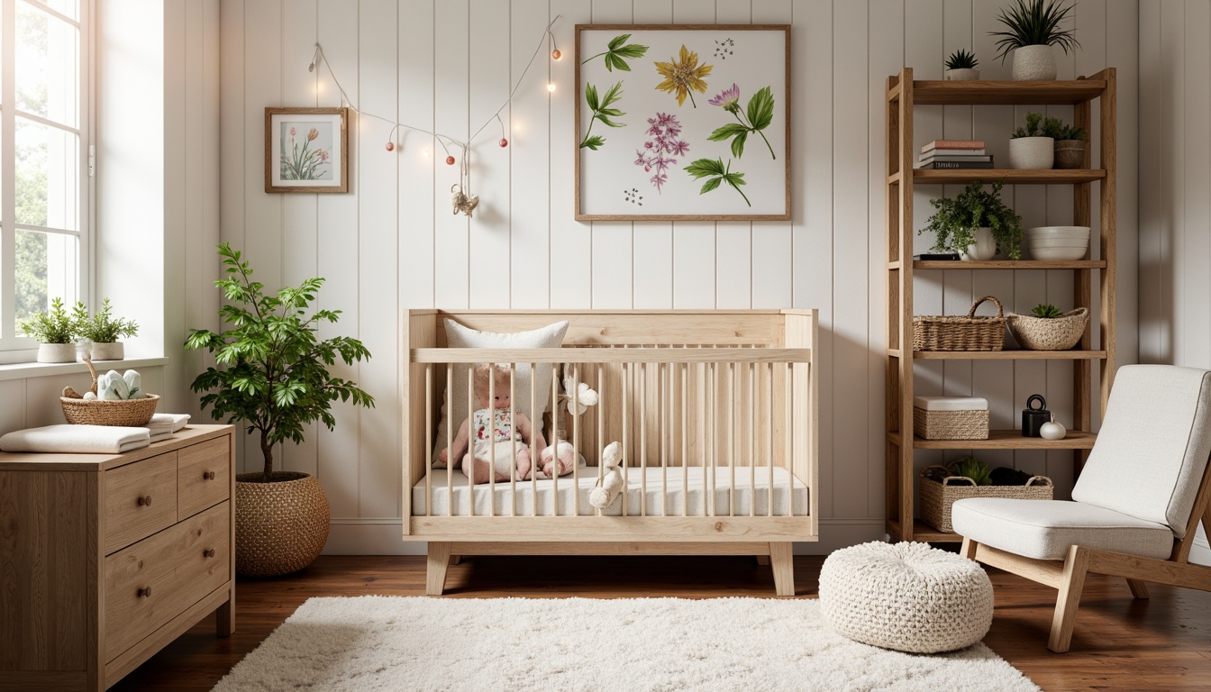 Prompt: Rustic baby nursery, distressed wood accents, vintage farm tools, soft pastel colors, floral patterns, natural textiles, woven baskets, antique furniture pieces, earthy tones, reclaimed wood shelves, wooden ladder bookcase, white shiplap walls, warm string lights, cozy reading nook, plush area rug, nature-inspired artwork, watercolor illustrations, botanical prints, soft focus photography, shallow depth of field, 1/2 composition, warm golden lighting.