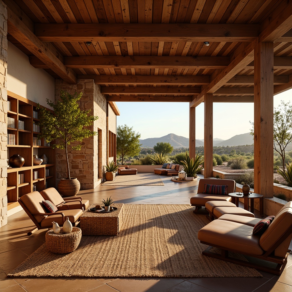 Prompt: Vibrant southwestern interior, open floor plan, high ceilings, wooden beams, rustic stone walls, earthy color palette, natural textiles, woven baskets, rattan furniture, leather upholstery, modern desert landscape views, large windows, sliding glass doors, cozy reading nooks, built-in shelving, warm ambient lighting, soft diffused shadows, 1/2 composition, shallow depth of field, warm golden hour light.