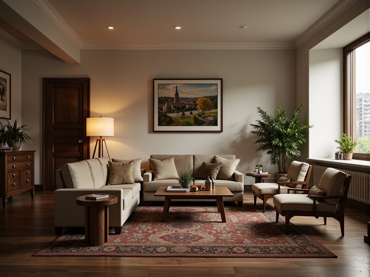 Prompt: Cozy living room, plush sectional sofa, accent chairs, wooden coffee table, vintage rug, floor lamps, modern minimalist decor, neutral color palette, soft warm lighting, 1/1 composition, shallow depth of field, intimate atmosphere, comfortable seating, luxurious textiles, metallic accents, greenery, potted plants, natural materials, earthy tones, calm ambiance.