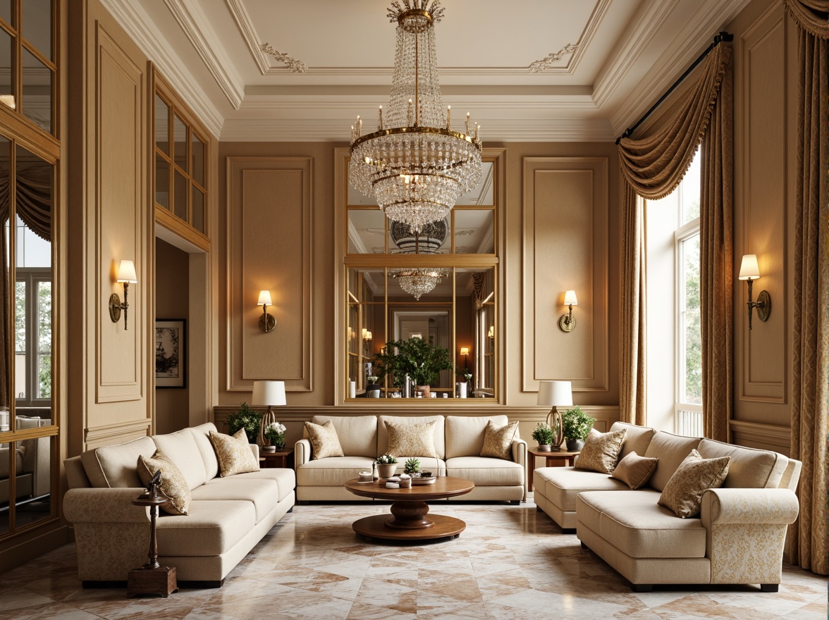 Prompt: Elegant classic interior, rich wood tones, ornate moldings, soft cream walls, warm beige furniture, lavish velvet fabrics, intricate gold patterns, refined marble floors, stately crystal chandeliers, subtle natural light, 1/1 composition, shallow depth of field, realistic textures, ambient occlusion.