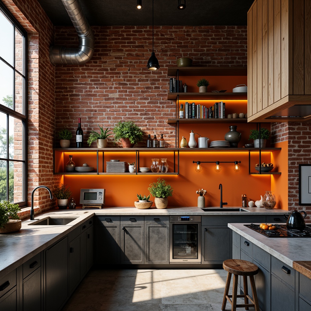 Prompt: Vibrant kitchen, bold color scheme, brutalist design, industrial chic, exposed brick walls, concrete countertops, metal accents, reclaimed wood cabinets, Edison bulb lighting, urban loft atmosphere, high ceilings, minimal ornamentation, functional simplicity, raw textures, dramatic shadows, low-key warm lighting, 1/1 composition, symmetrical framing, rich contrasting colors.