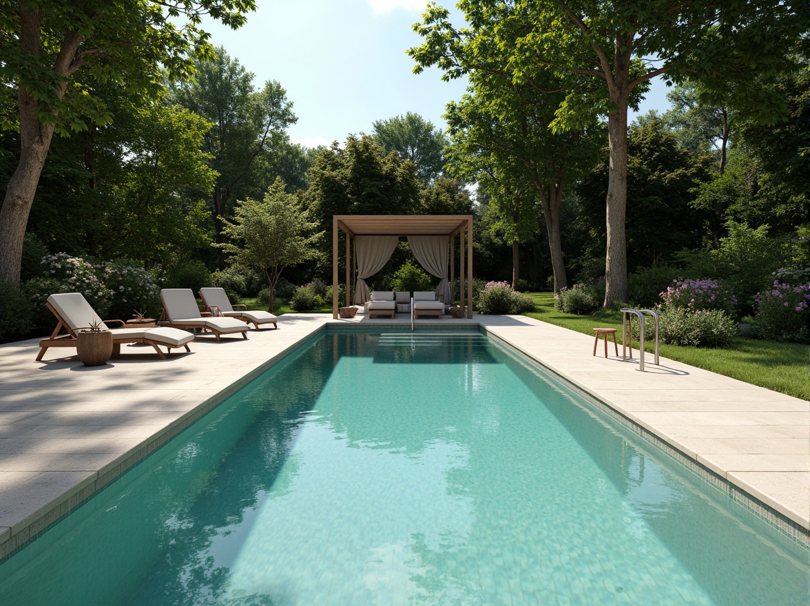 Prompt: Simple rectangular pool, calm turquoise water, natural stone decking, minimalist lounge chairs, sleek metal railings, lush greenery surroundings, warm sunny day, soft diffused light, subtle shadows, 1/1 composition, shallow depth of field, realistic water textures, ambient occlusion, serene atmosphere.