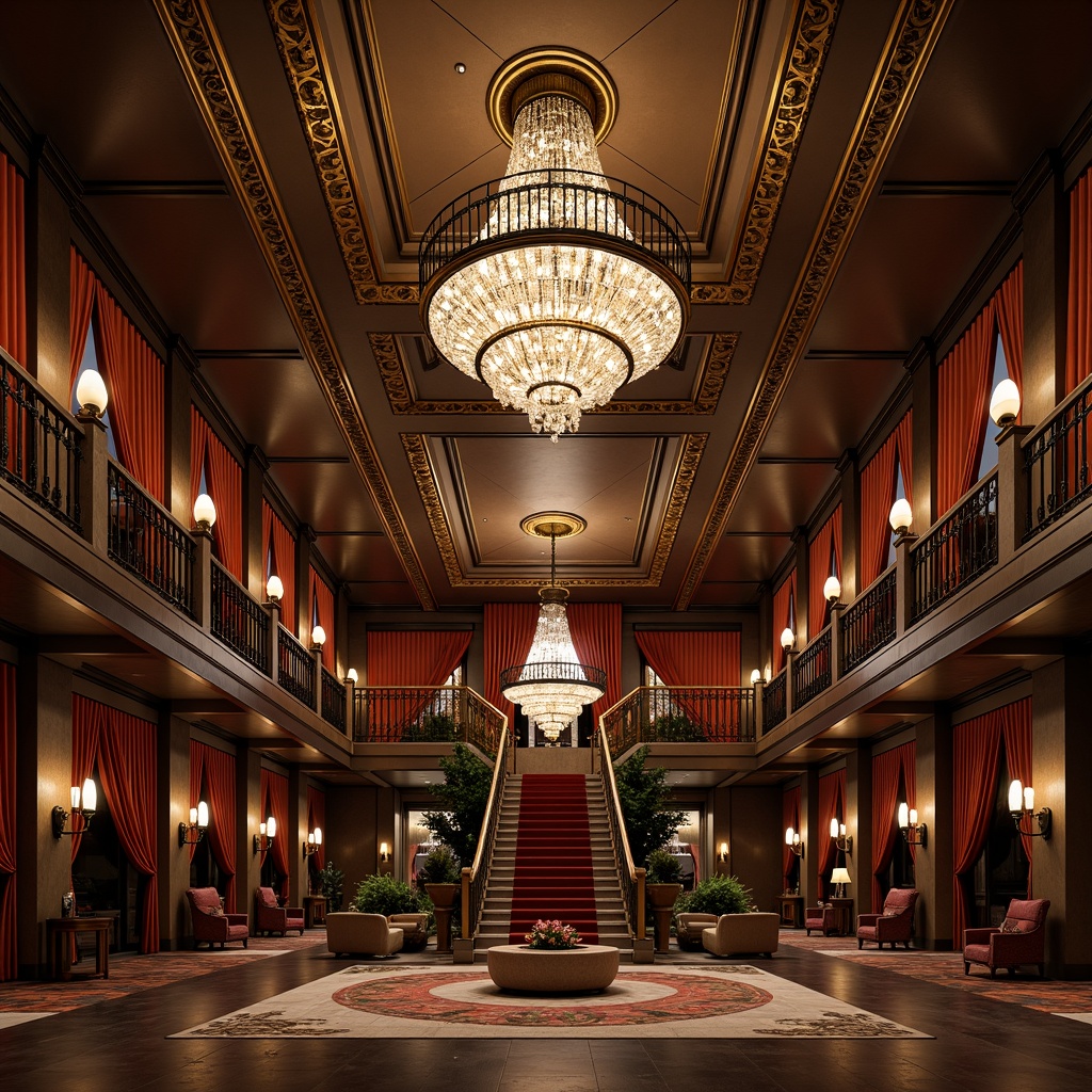 Prompt: Elegant chandeliers, ornate metalwork, crystal droplets, golden accents, grand staircases, luxurious ballrooms, rich wood paneling, velvet drapes, antique bronze finishes, intricate carvings, refined candlelight, soft warm glow, dramatic shadows, 3/4 composition, symmetrical framing, high-contrast lighting, realistic reflections, ambient occlusion.