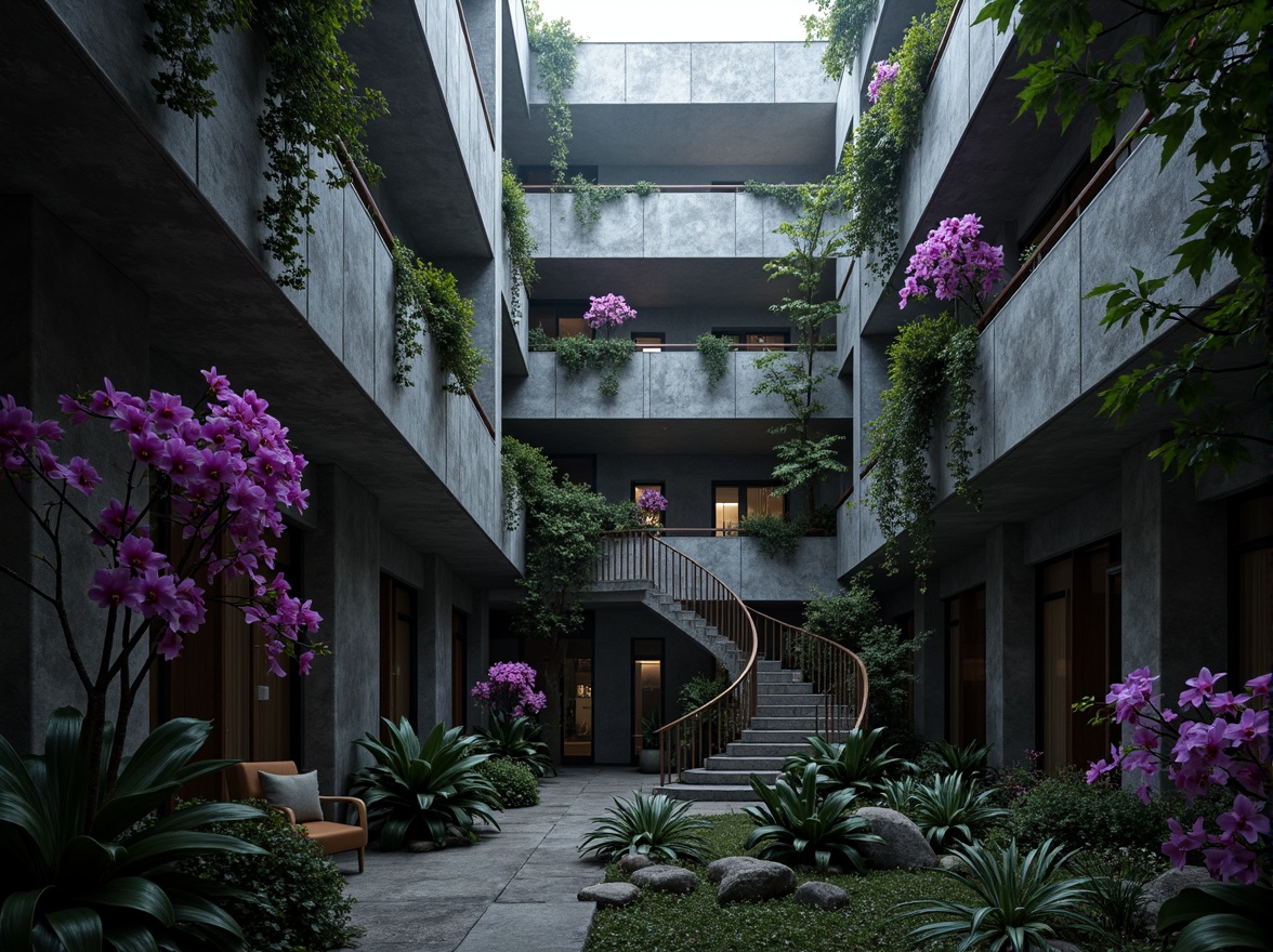 Prompt: Moody brutalist architecture, bold concrete structures, industrial materials, rugged textures, statement orchid accents, vibrant purple hues, exotic botanical elements, urban jungle atmosphere, dramatic shadows, high-contrast lighting, cinematic composition, 1/2 framing, shallow depth of field, gritty realistic render.