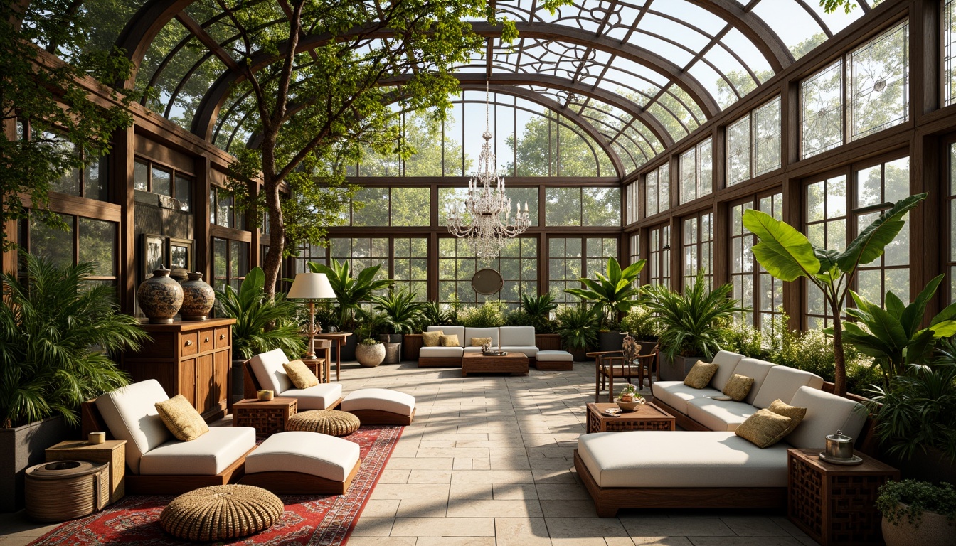 Prompt: Elegant sunroom, ornate metal framework, intricate glass patterns, lush greenery, exotic plants, natural stone flooring, warm wooden accents, plush furnishings, soft cushions, vibrant colorful textiles, delicate ceramic vases, ornamental mirrors, crystal chandeliers, warm sunny day, bright indirect lighting, shallow depth of field, 3/4 composition, panoramic view, realistic textures, ambient occlusion.